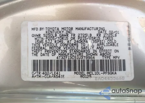 2001 Toyota Sienna Xle z USA, uszkodzony, nr VIN 4T3ZF13C51U379964
